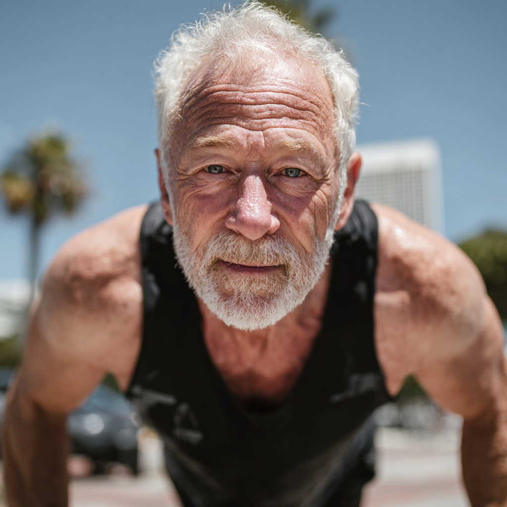 Чоловік 58 років займається спортом у парку, демонструючи активний спосіб життя та енергію