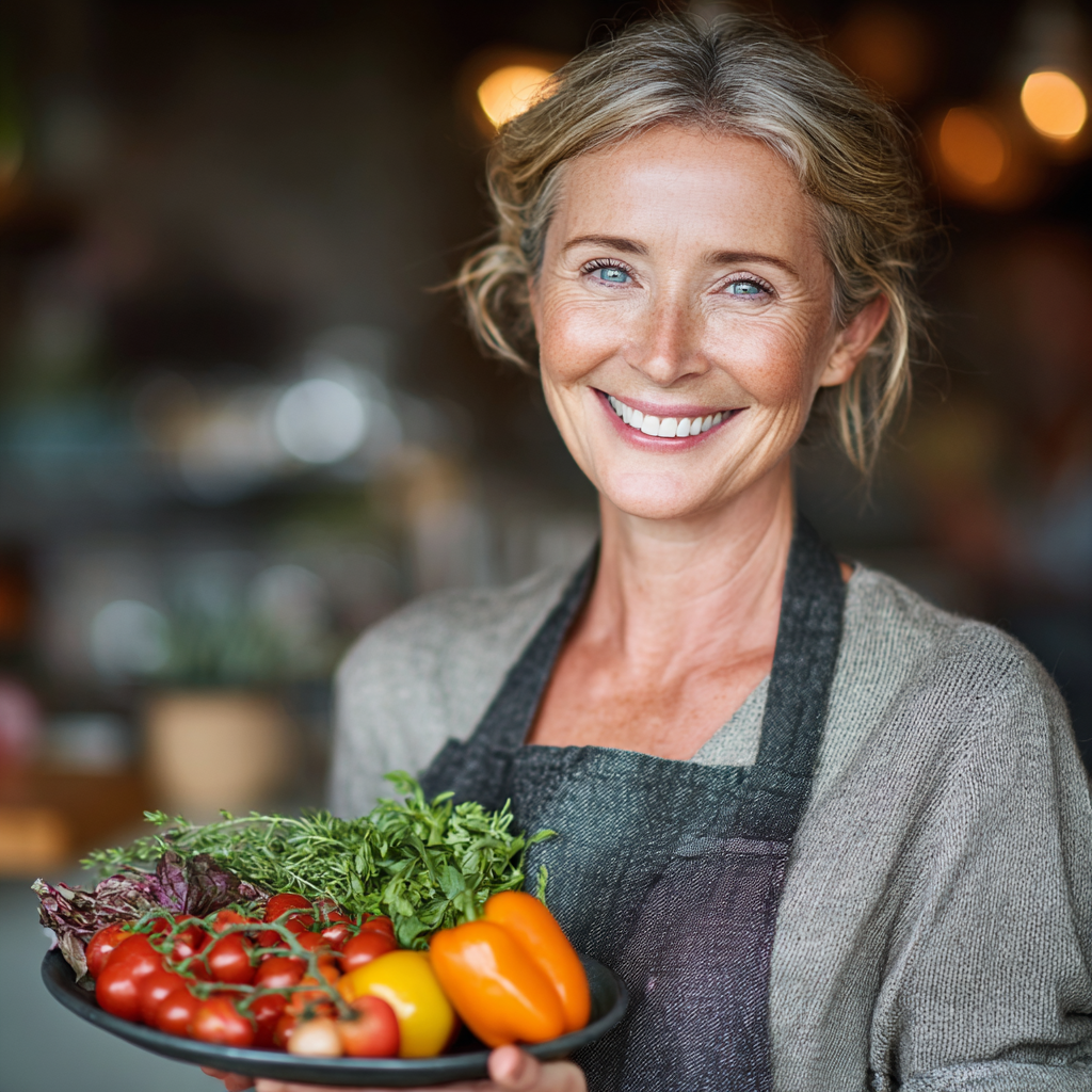 Жінка 52 років посміхається та тримає тарілку зі здоровою їжею, демонструючи задоволення від правильного харчування
